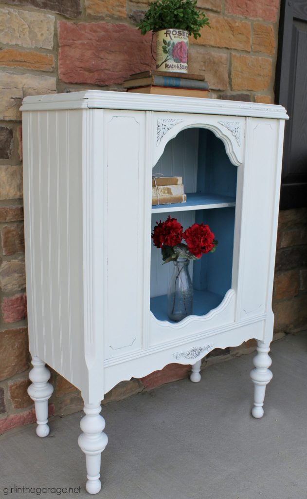 Repurposed antique radio cabinet makeover to bookcase - by Girl in the Garage