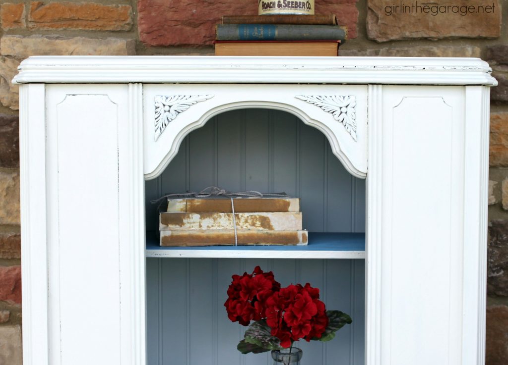 Repurposed antique radio cabinet makeover to bookcase - by Girl in the Garage