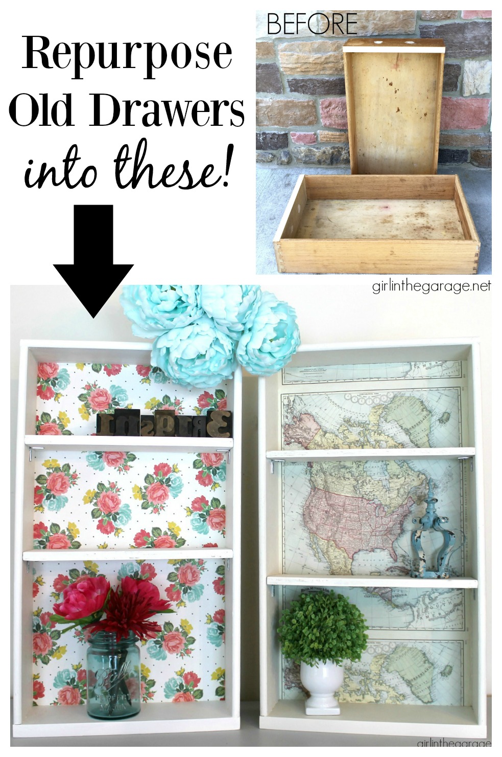 Upcycled drawers to decoupage shelves - Girl in the Garage