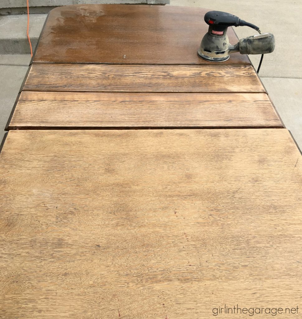 DIY antique carved dining set makeover with stained top and Annie Sloan Chalk Paint in a farmhouse style finish. Girl in the Garage