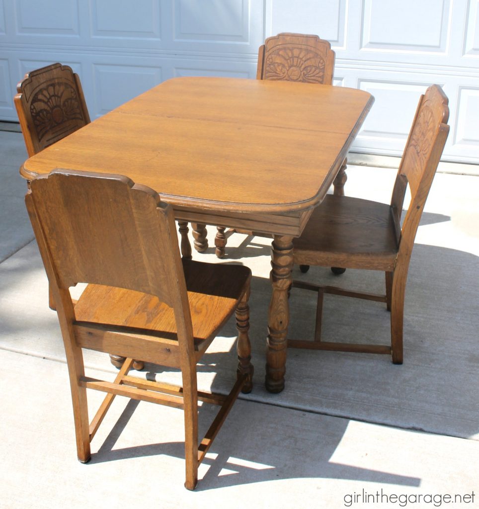 DIY antique carved dining set makeover with stained top and Annie Sloan Chalk Paint in a farmhouse style finish. Girl in the Garage