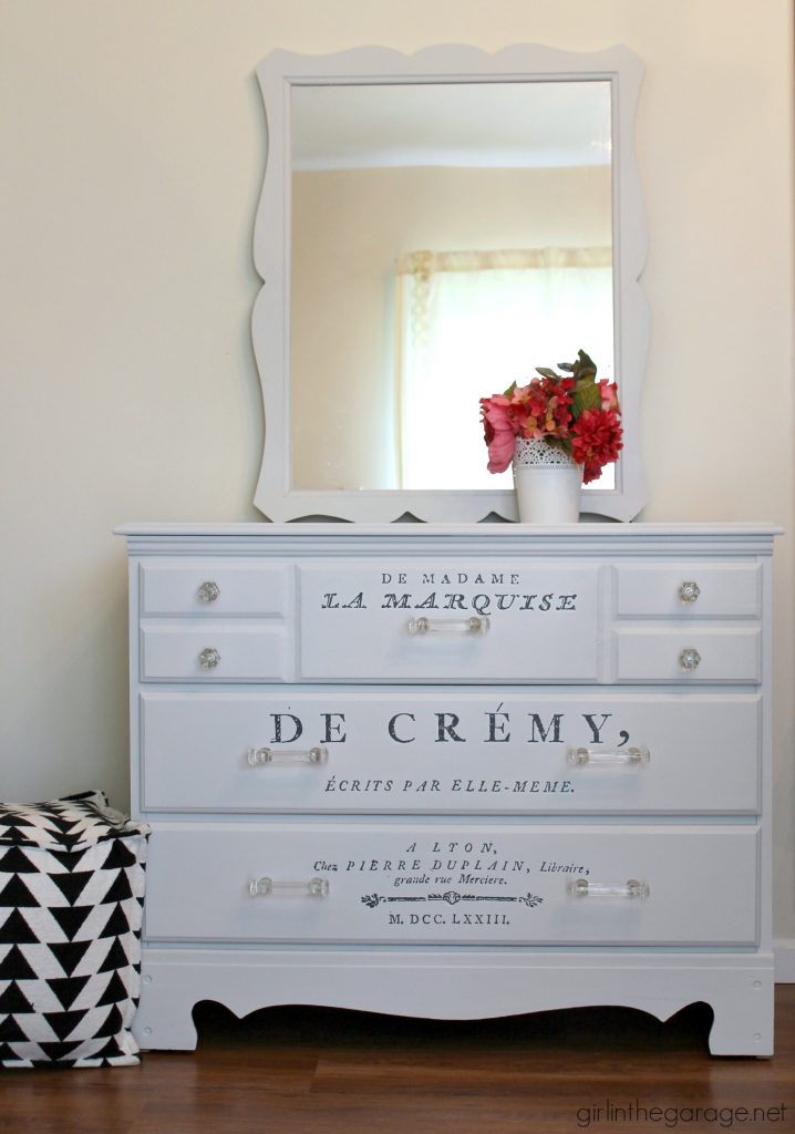 Vintage vanity makeover + Easy French image transfer method by Girl in the Garage