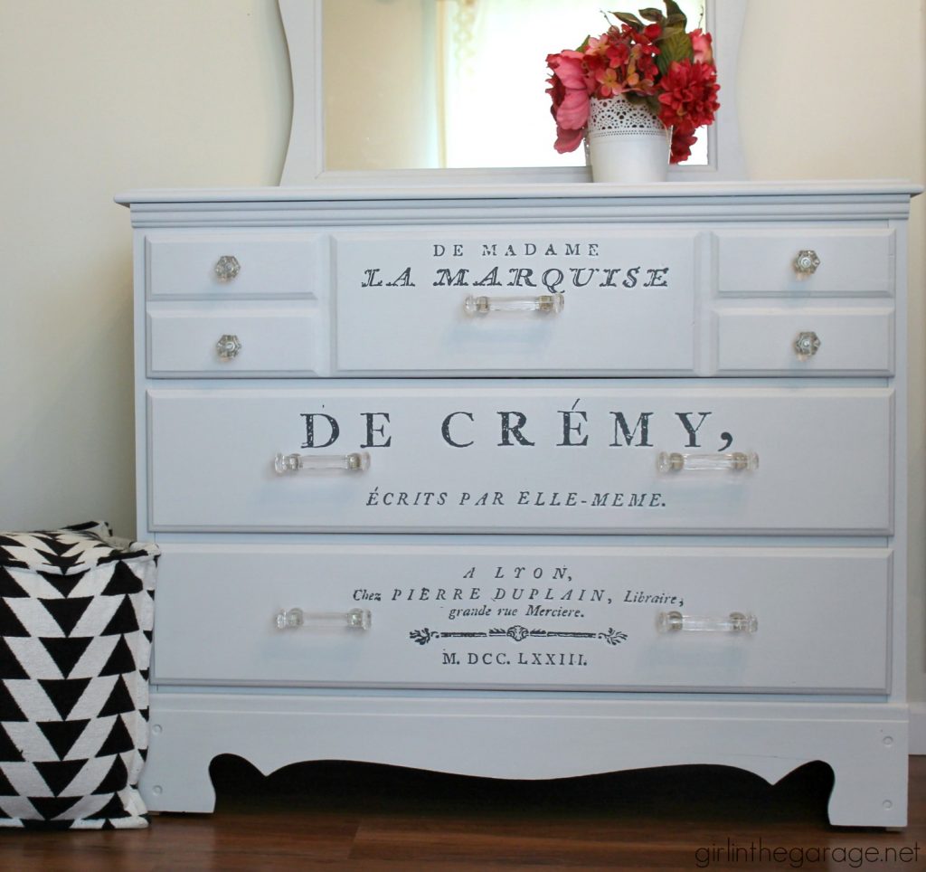 Vintage vanity makeover + Easy French image transfer method by Girl in the Garage