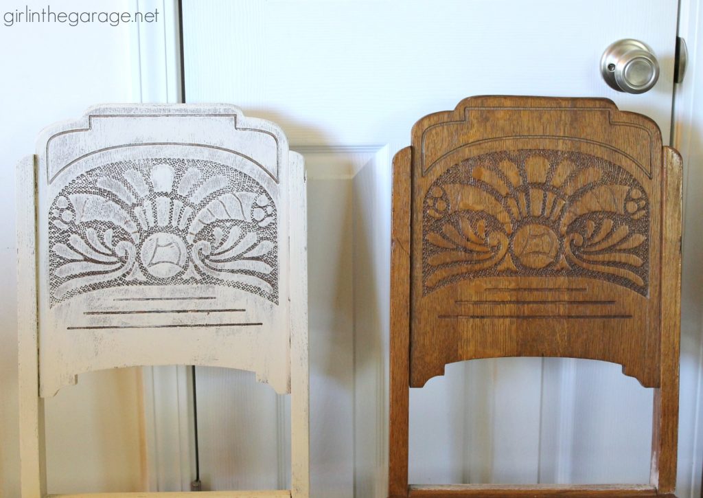 DIY antique carved dining set makeover with stained top and Annie Sloan Chalk Paint in a farmhouse style finish. Girl in the Garage