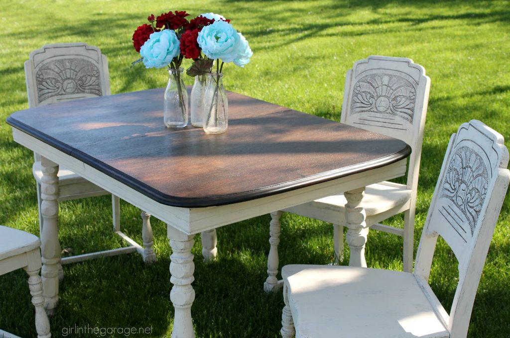 DIY antique carved dining set makeover with stained top and Annie Sloan Chalk Paint in a farmhouse style finish. Girl in the Garage