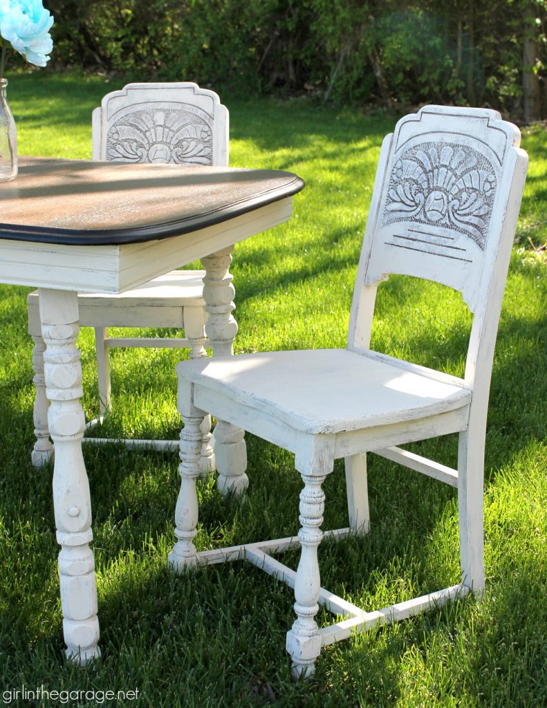 DIY antique carved dining set makeover with stained top and Annie Sloan Chalk Paint in a farmhouse style finish. Girl in the Garage