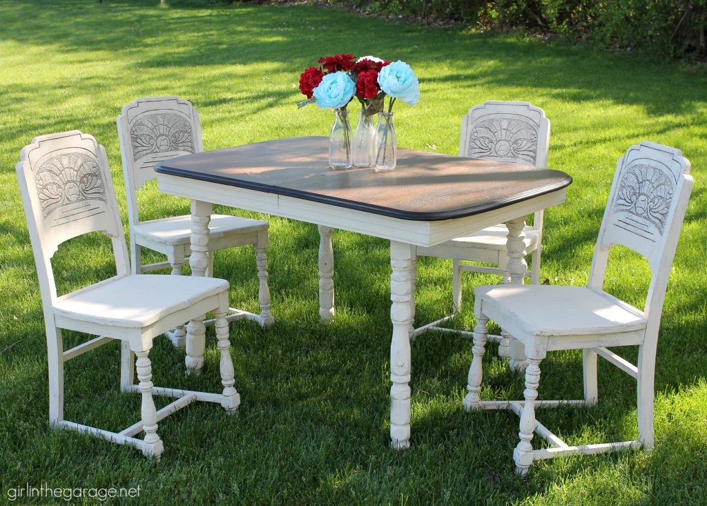 DIY antique carved dining set makeover with stained top and Annie Sloan Chalk Paint in a farmhouse style finish. Girl in the Garage