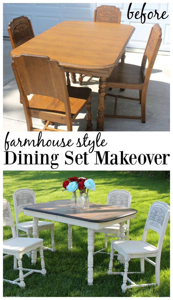 DIY antique carved dining set makeover with stained top and Annie Sloan Chalk Paint in a farmhouse style finish. Girl in the Garage