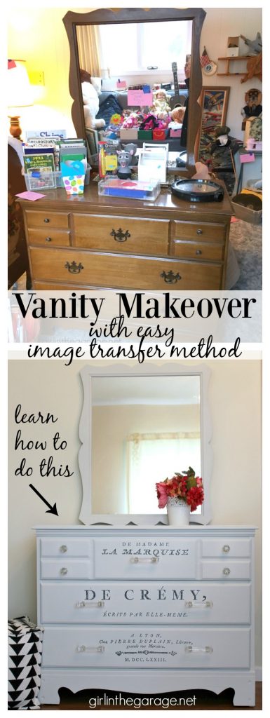 Vintage vanity makeover + Easy French image transfer method - tutorial by Girl in the Garage