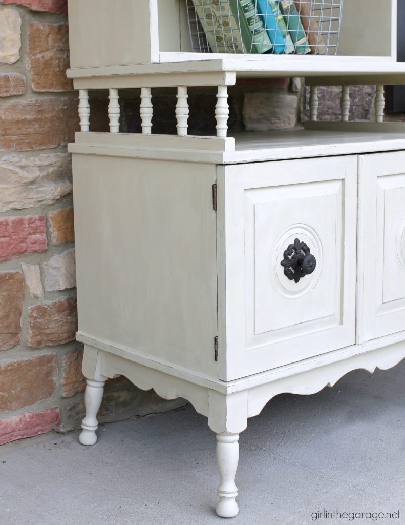 Charming farmhouse style bookcase makeover with distressed Annie Sloan Chalk Paint. Girl in the Garage