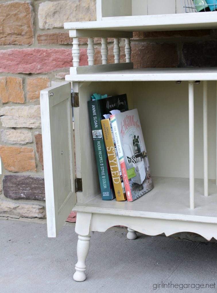 Charming farmhouse style bookcase makeover with distressed Annie Sloan Chalk Paint. Girl in the Garage