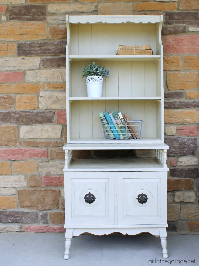 Charming farmhouse style bookcase makeover with distressed Annie Sloan Chalk Paint. Girl in the Garage