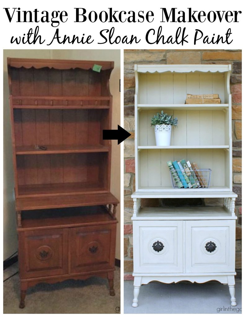 Charming farmhouse style bookcase makeover with distressed Annie Sloan Chalk Paint. Girl in the Garage