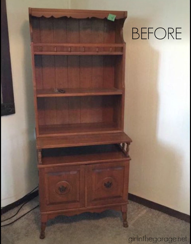 Charming farmhouse style bookcase makeover with distressed Annie Sloan Chalk Paint. Girl in the Garage