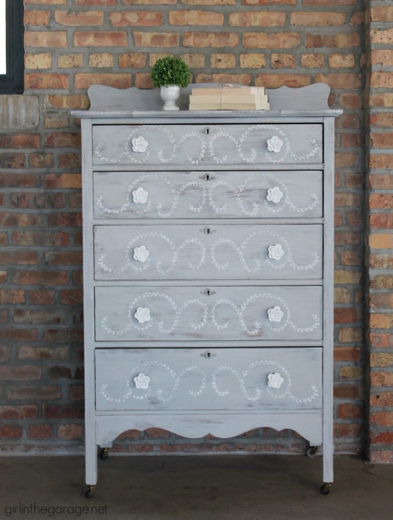DIY distressed stenciled feminine highboy makeover with Chalk Paint and Miss Mustard Seed stencil - Girl in the Garage