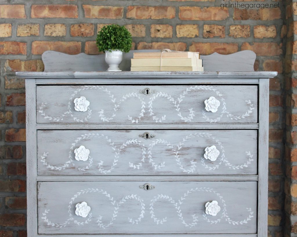 DIY distressed stenciled feminine highboy makeover with Chalk Paint and Miss Mustard Seed stencil - Girl in the Garage