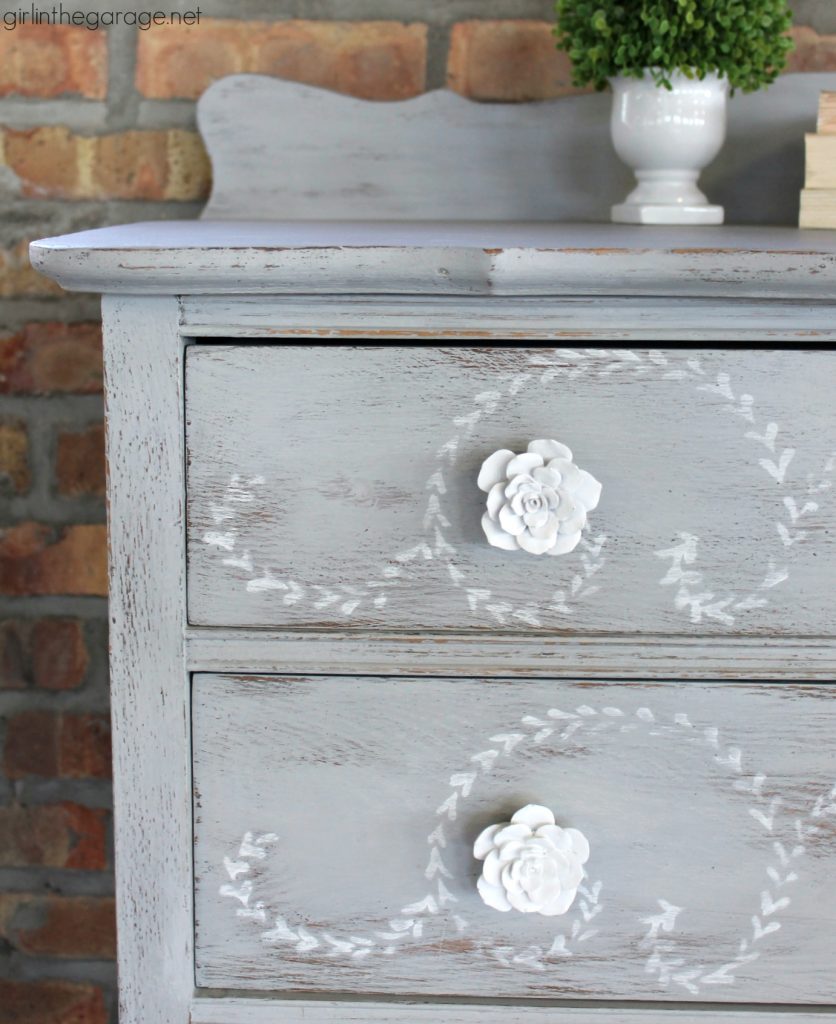 DIY distressed stenciled feminine highboy makeover with Chalk Paint and Miss Mustard Seed stencil - Girl in the Garage