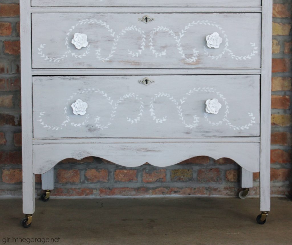 DIY distressed stenciled feminine highboy makeover with Chalk Paint and Miss Mustard Seed stencil - Girl in the Garage