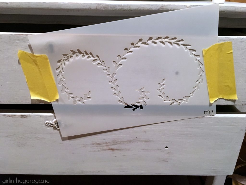 DIY distressed stenciled feminine highboy makeover with Chalk Paint and Miss Mustard Seed stencil - Girl in the Garage