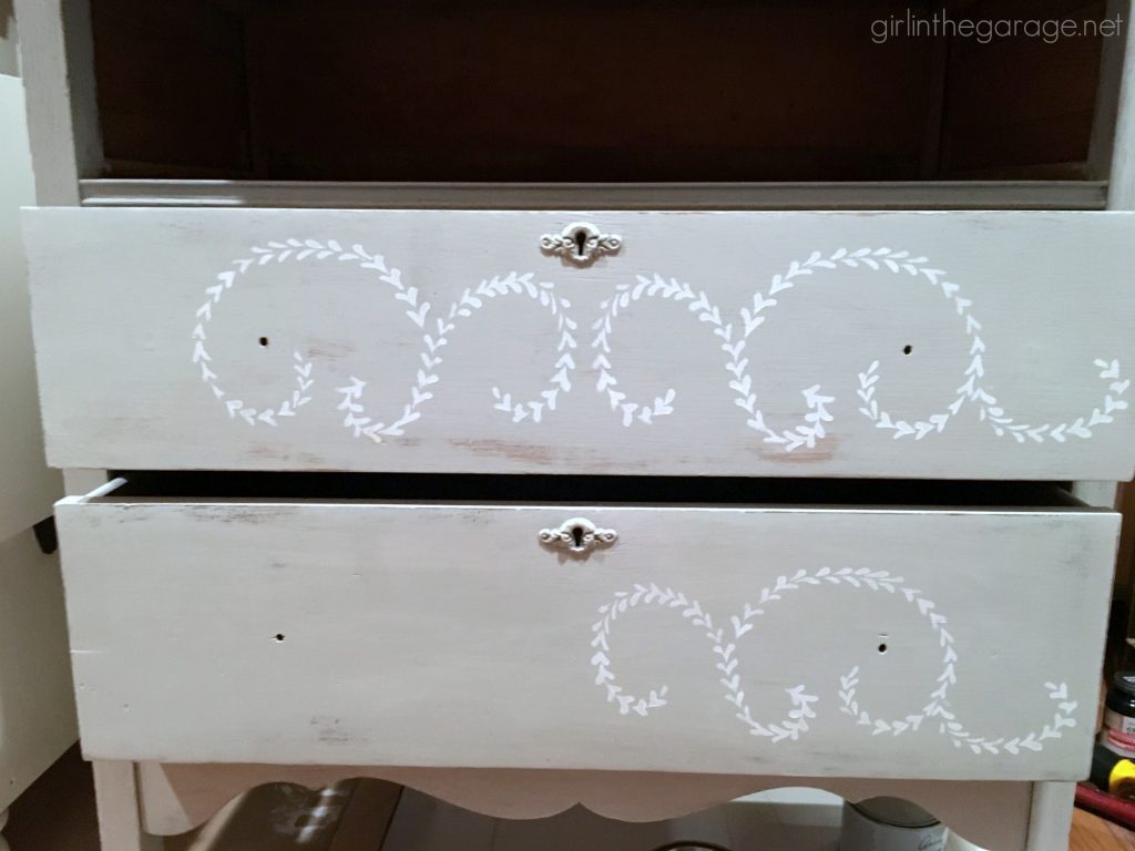 DIY distressed stenciled feminine highboy makeover with Chalk Paint and Miss Mustard Seed stencil - Girl in the Garage