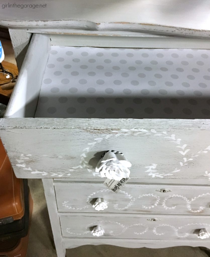 DIY distressed stenciled feminine highboy makeover with Chalk Paint and Miss Mustard Seed stencil - Girl in the Garage