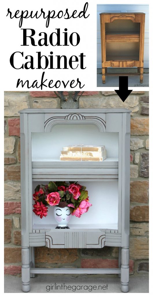 DIY Repurposed radio cabinet makeover to bookshelf - Girl in the Garage