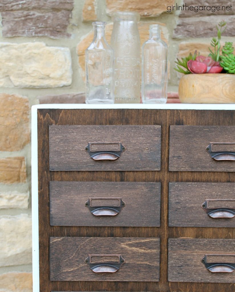 Vintage bookcase makeover to DIY faux card catalog - Girl in the Garage