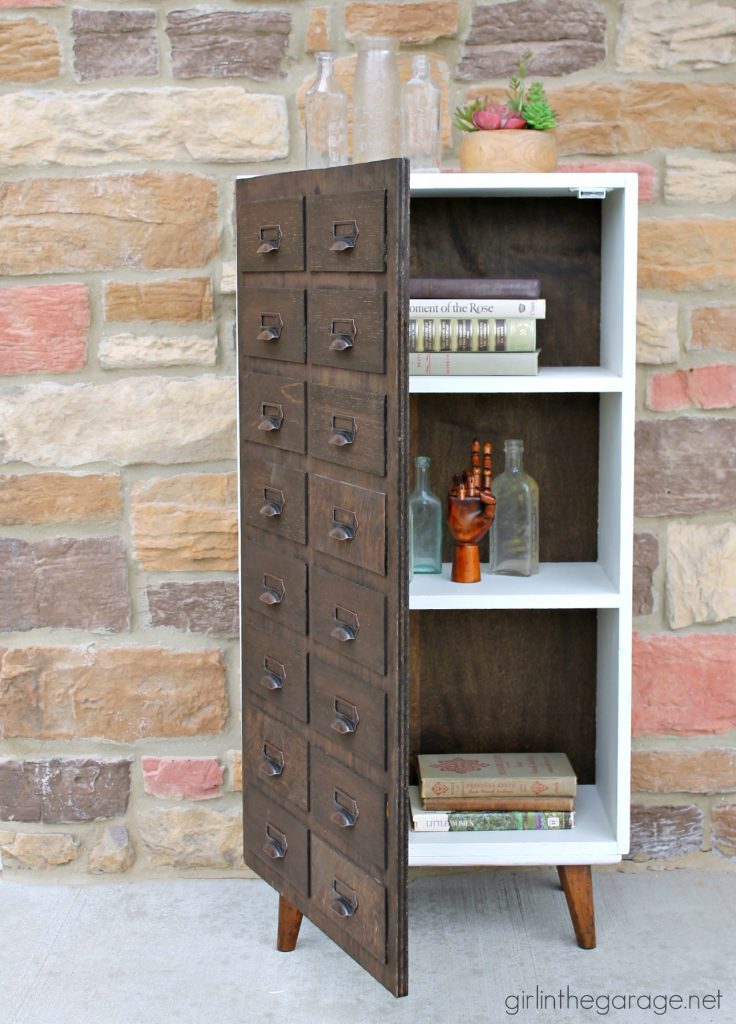 Vintage bookcase makeover to DIY faux card catalog - Girl in the Garage
