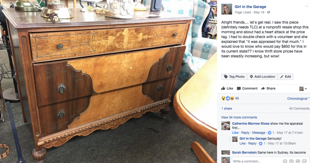 Overpriced antique dresser - Facebook post