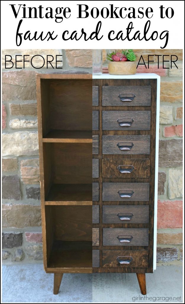 Vintage bookcase makeover to DIY faux card catalog - Girl in the Garage