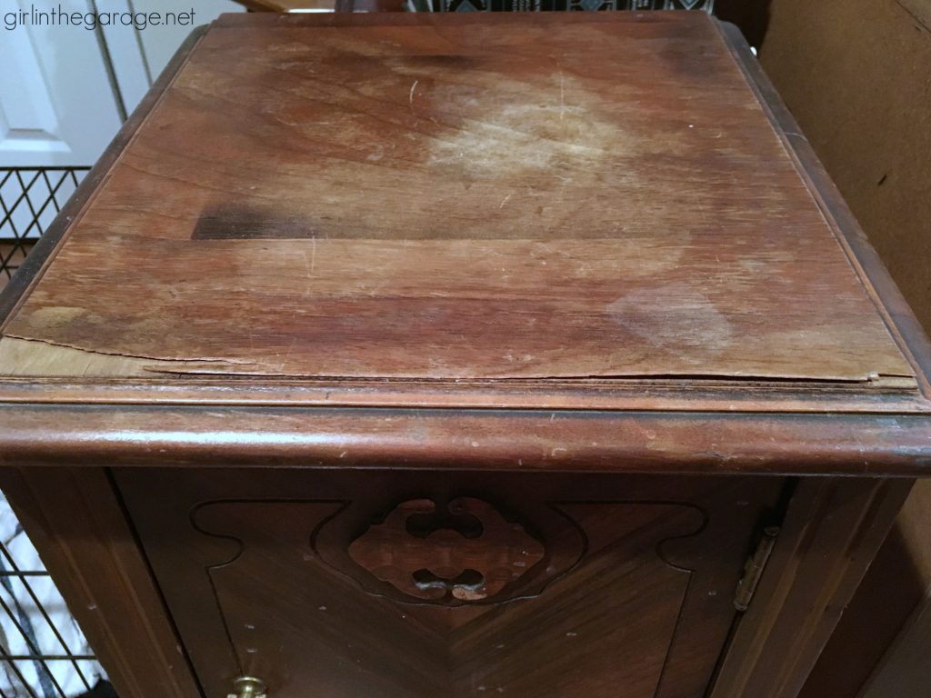 Antique Nightstand Makeover with Damaged Veneer - Girl in the Garage