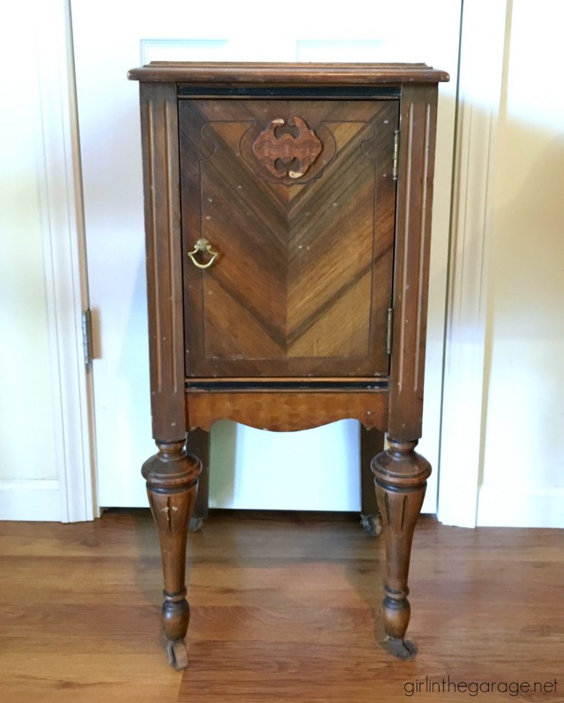 Antique Nightstand Makeover with Damaged Veneer - Girl in the Garage®