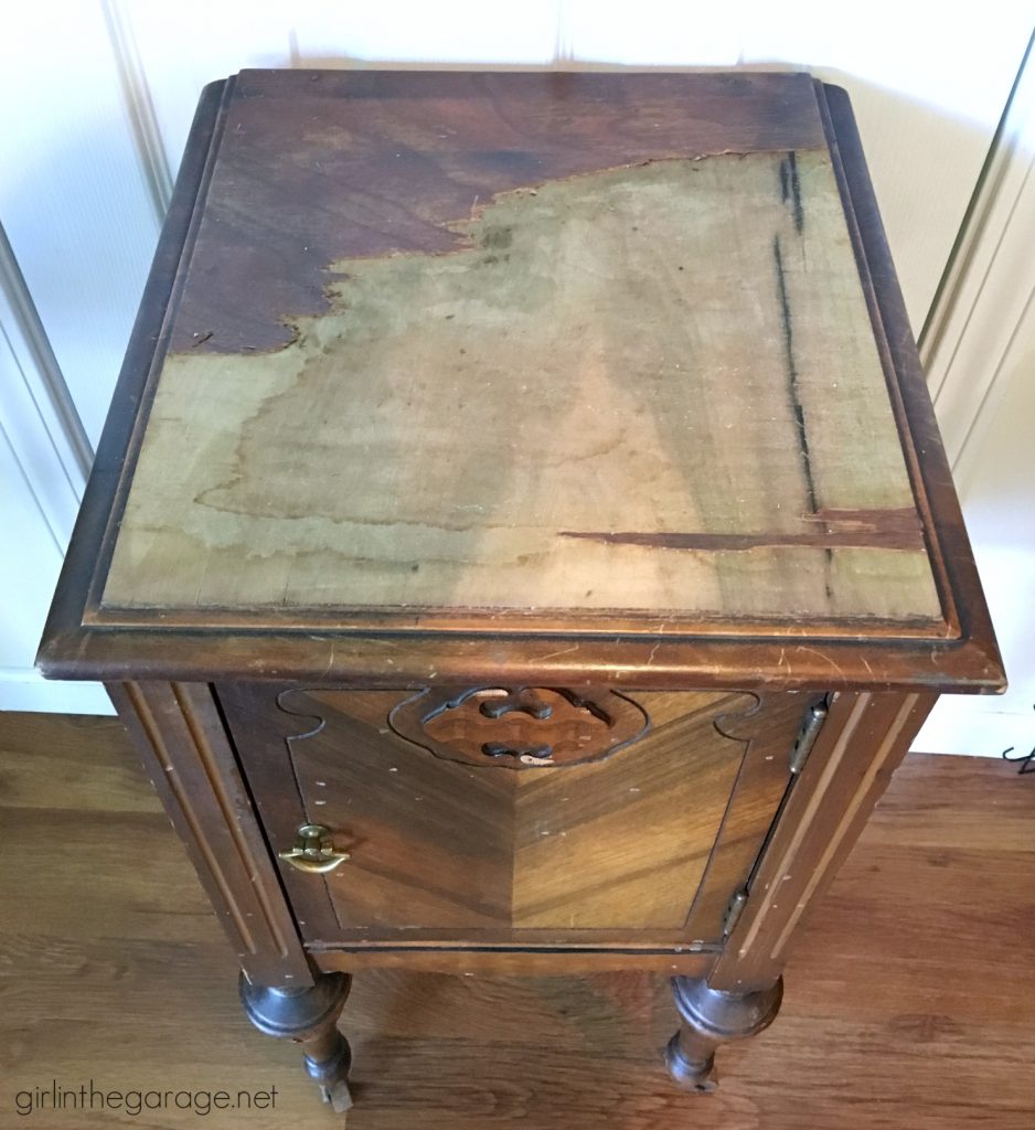 Antique Nightstand Makeover with Damaged Veneer - Girl in the Garage