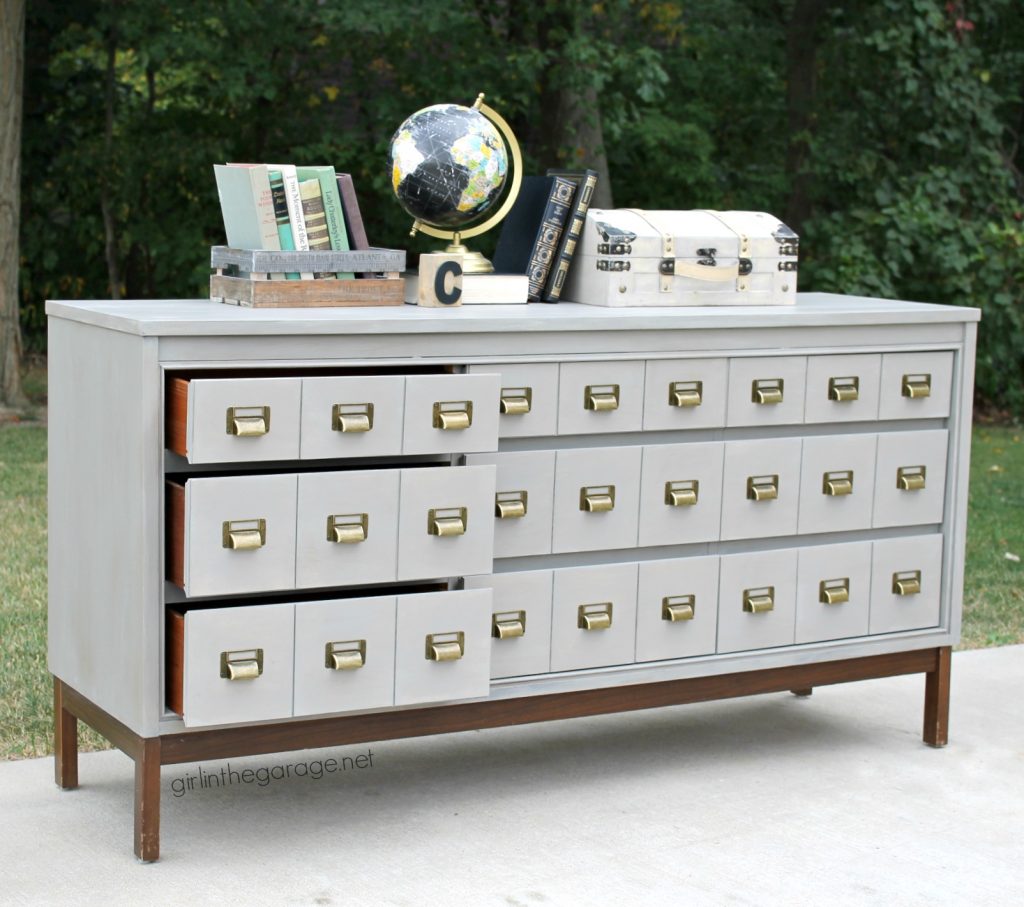 Midcentury dresser upcycled into faux card catalog with painted faux industrial metal finish. How to Chalk Paint Furniture - DIY Furniture Makeover Ideas by Girl in the Garage