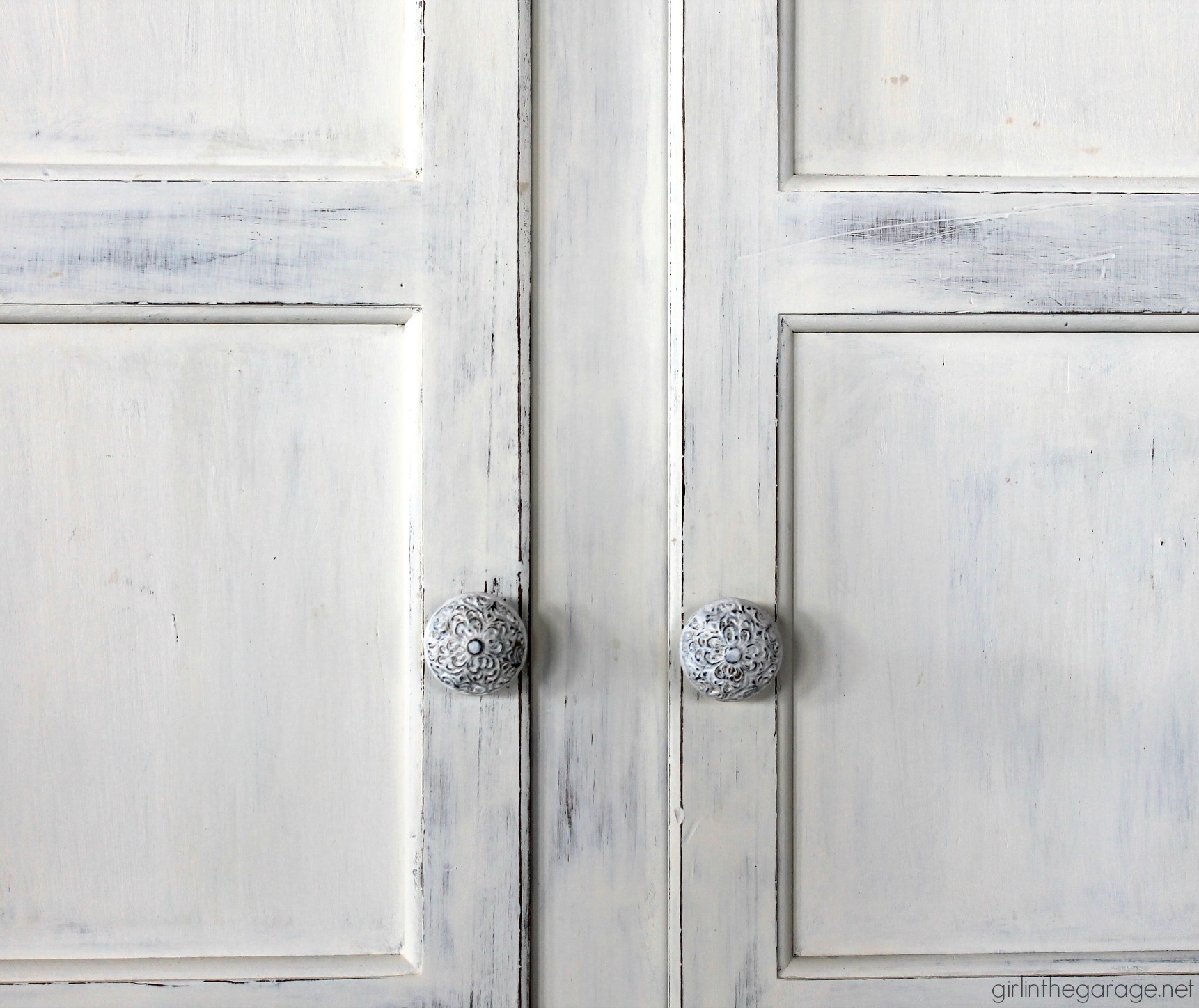 Primitive storage cabinet makeover with Chalk Paint and lightly distressed. By Girl in the Garage