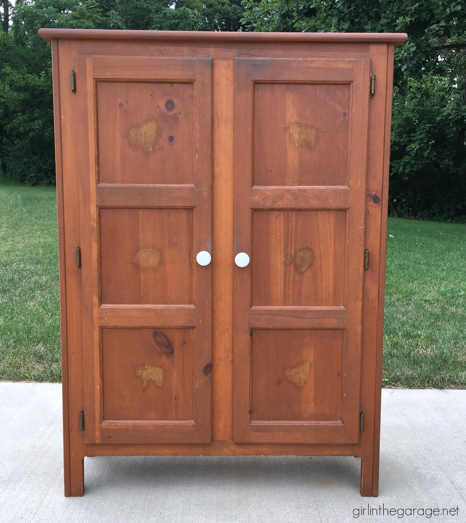 Primitive storage cabinet makeover with Chalk Paint and lightly distressed. By Girl in the Garage