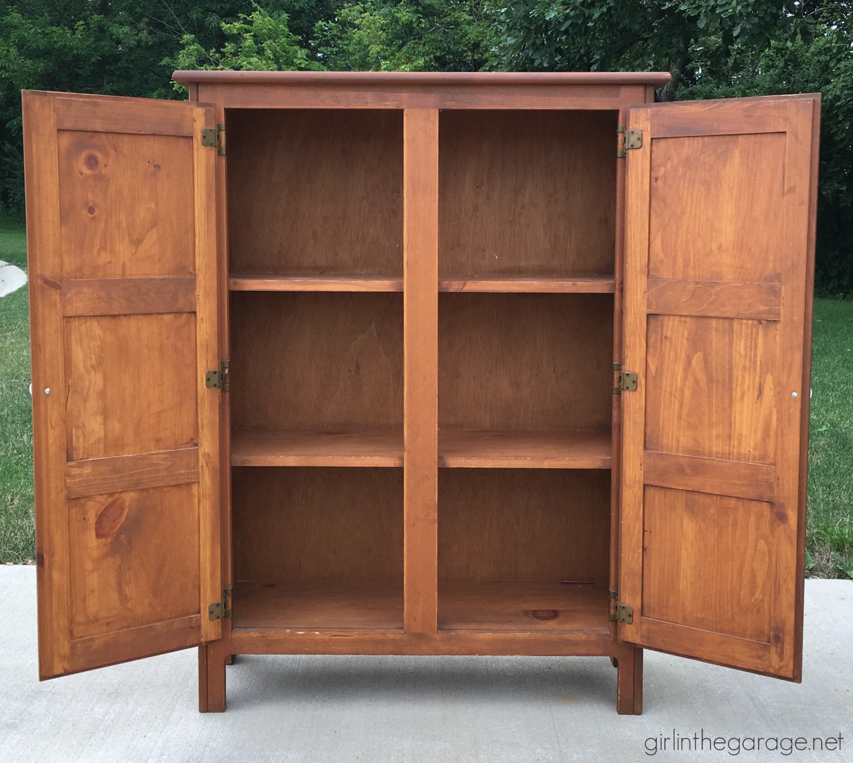 Primitive storage cabinet makeover with Chalk Paint and lightly distressed. By Girl in the Garage