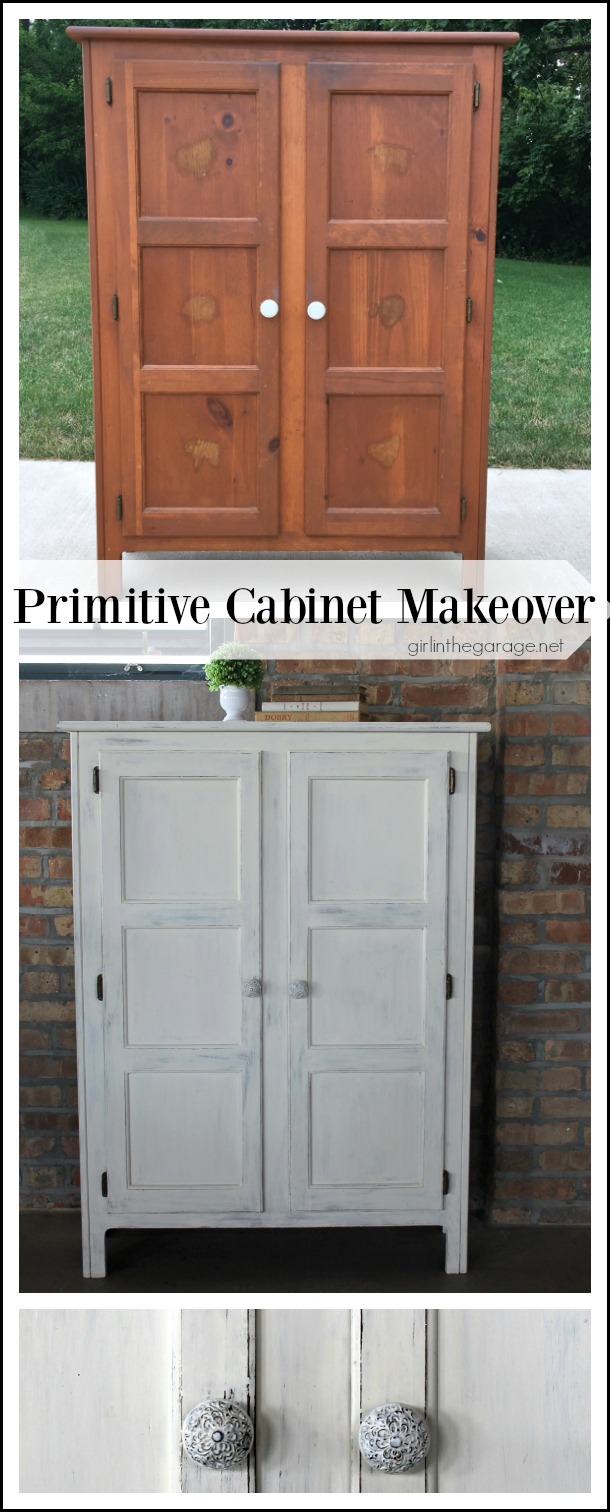 Primitive storage cabinet makeover with Chalk Paint and lightly distressed. By Girl in the Garage