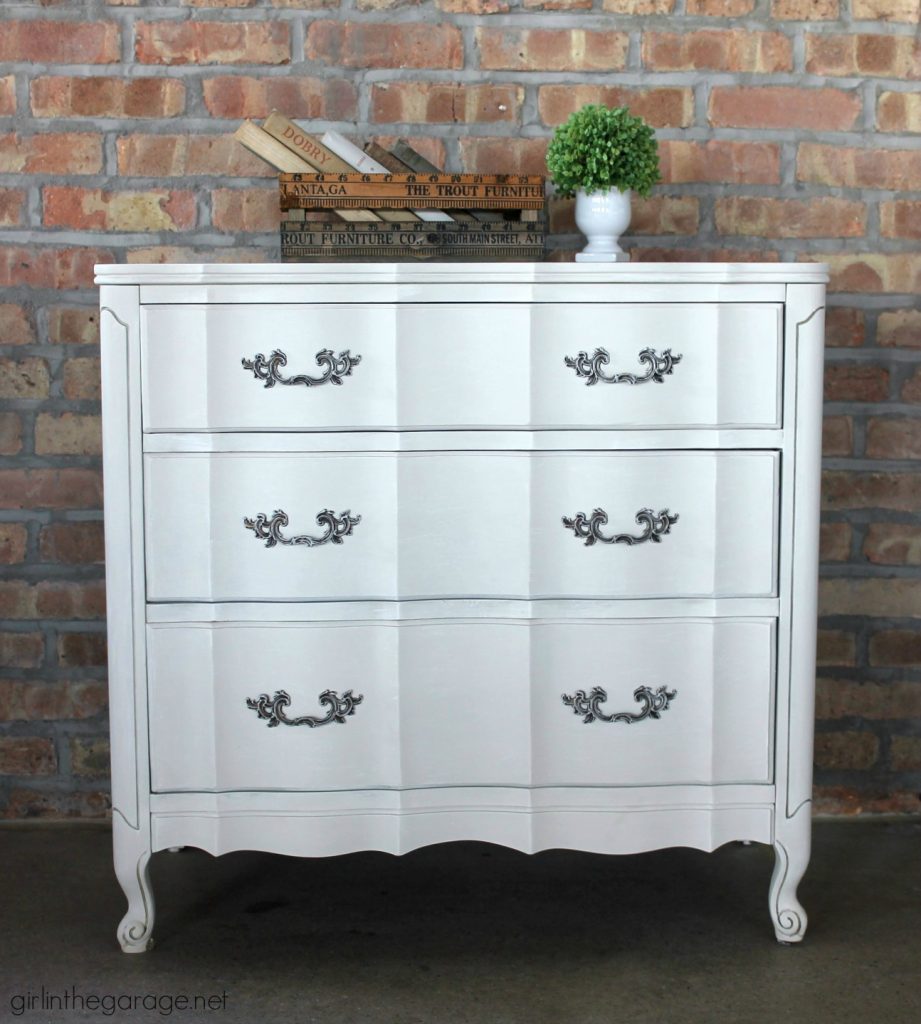 Vintage French Provincial dresser makeover updated with dry brushed paint technique using Fusion Mineral Paint and Annie Sloan Chalk Paint. by Girl in the Garage