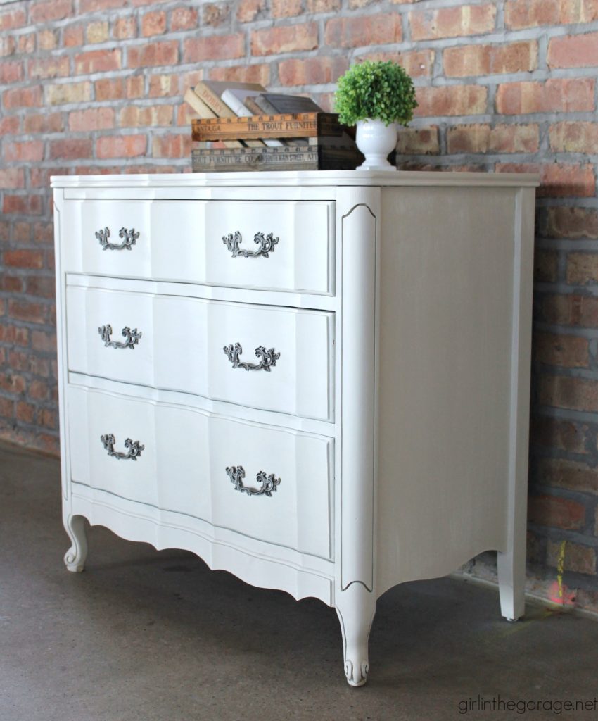 Vintage French Provincial dresser makeover updated with dry brushed paint technique using Fusion Mineral Paint and Annie Sloan Chalk Paint. by Girl in the Garage