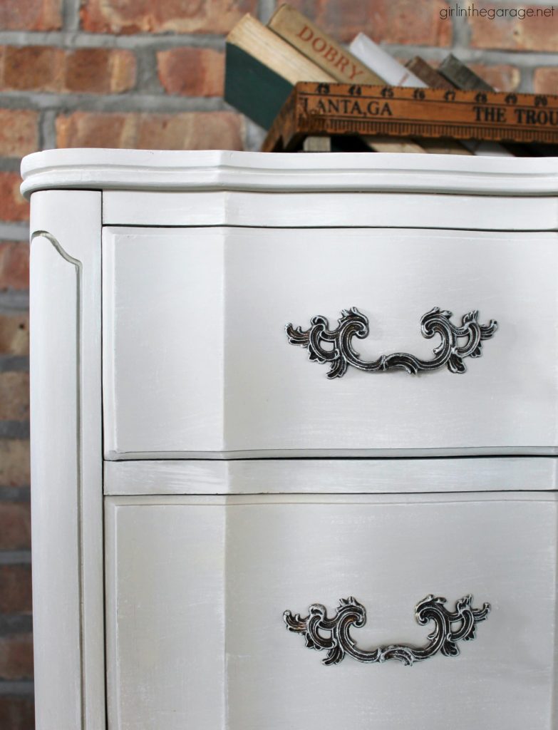 Vintage French Provincial dresser makeover updated with dry brushed paint technique using Fusion Mineral Paint and Annie Sloan Chalk Paint. by Girl in the Garage