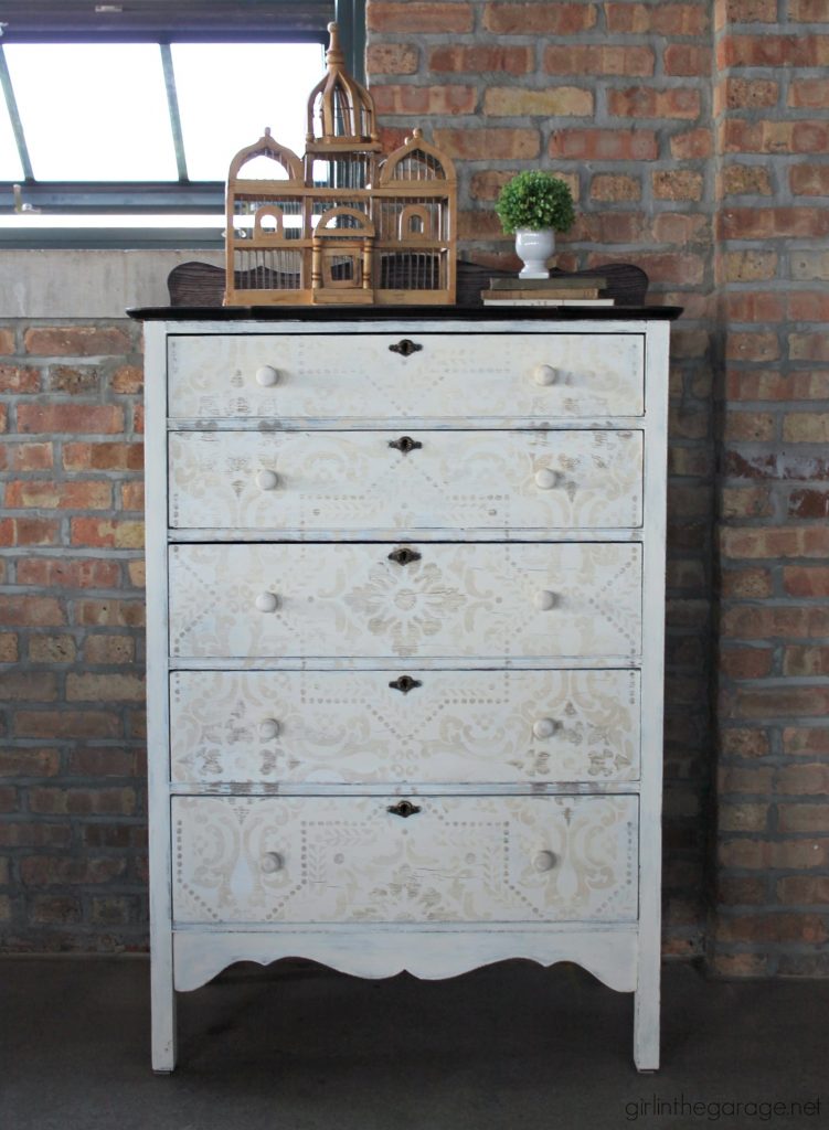 Antique dresser makeover - yard sale highboy with Chalk Paint, stencil, and decoupage drawers - a soft rustic bohemian look by Girl in the Garage