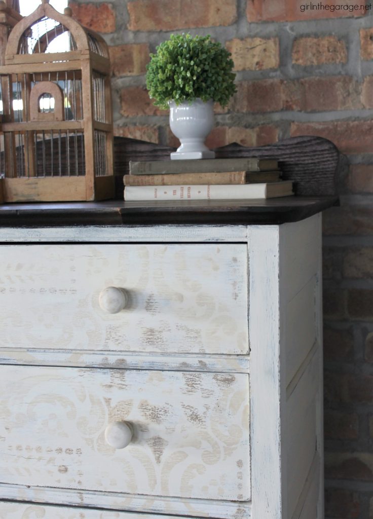 Antique dresser makeover - yard sale highboy with Chalk Paint, stencil, and decoupage drawers - a soft rustic bohemian look by Girl in the Garage