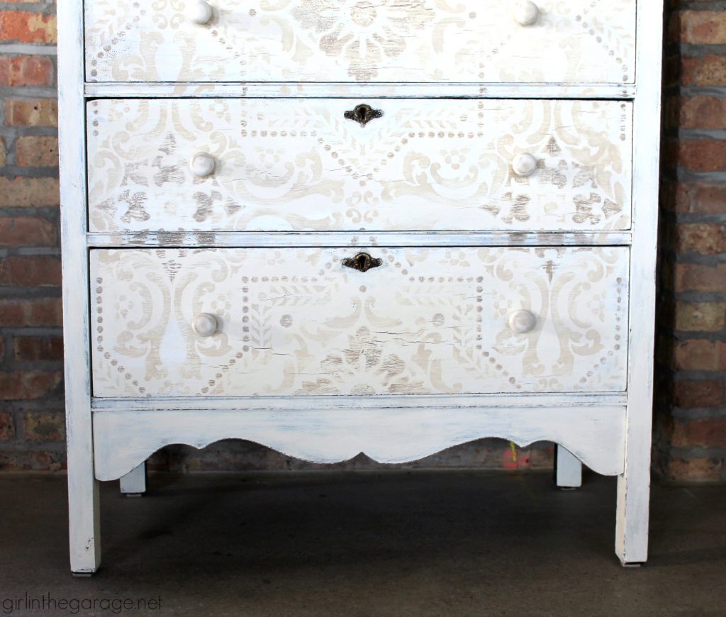 Antique dresser makeover - yard sale highboy with Chalk Paint, stencil, and decoupage drawers - a soft rustic bohemian look by Girl in the Garage