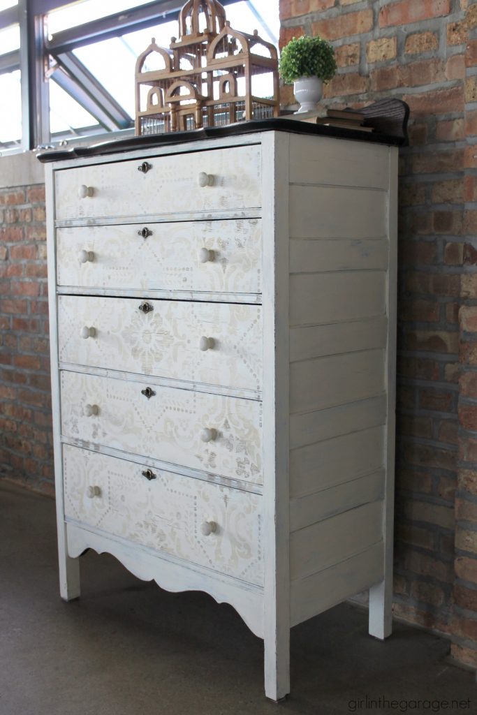 Antique dresser makeover - yard sale highboy with Chalk Paint, stencil, and decoupage drawers - a soft rustic bohemian look by Girl in the Garage