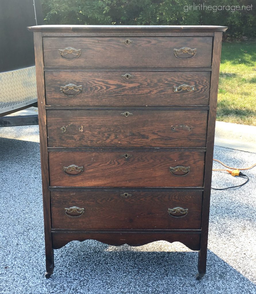 Antique dresser makeover - yard sale highboy with Chalk Paint, stencil, and decoupage drawers - a soft rustic bohemian look by Girl in the Garage