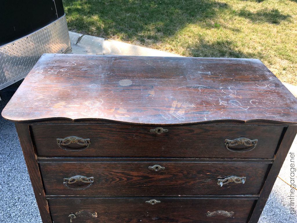 Antique dresser makeover - yard sale highboy with Chalk Paint, stencil, and decoupage drawers - a soft rustic bohemian look by Girl in the Garage