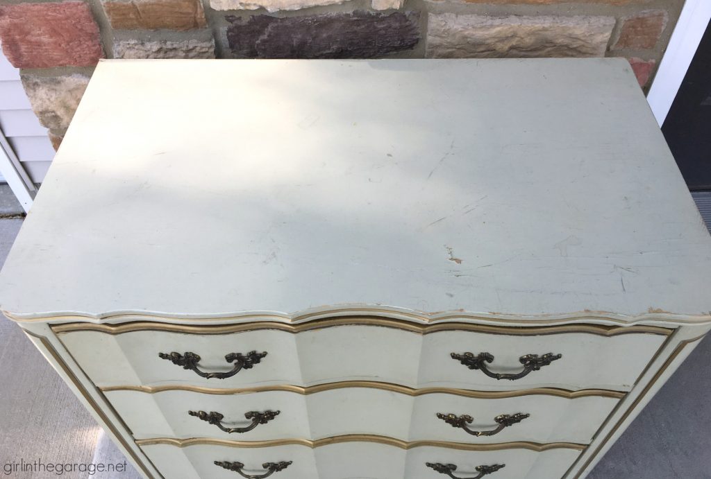Vintage French Provincial dresser makeover updated with dry brushed paint technique using Fusion Mineral Paint and Annie Sloan Chalk Paint. by Girl in the Garage