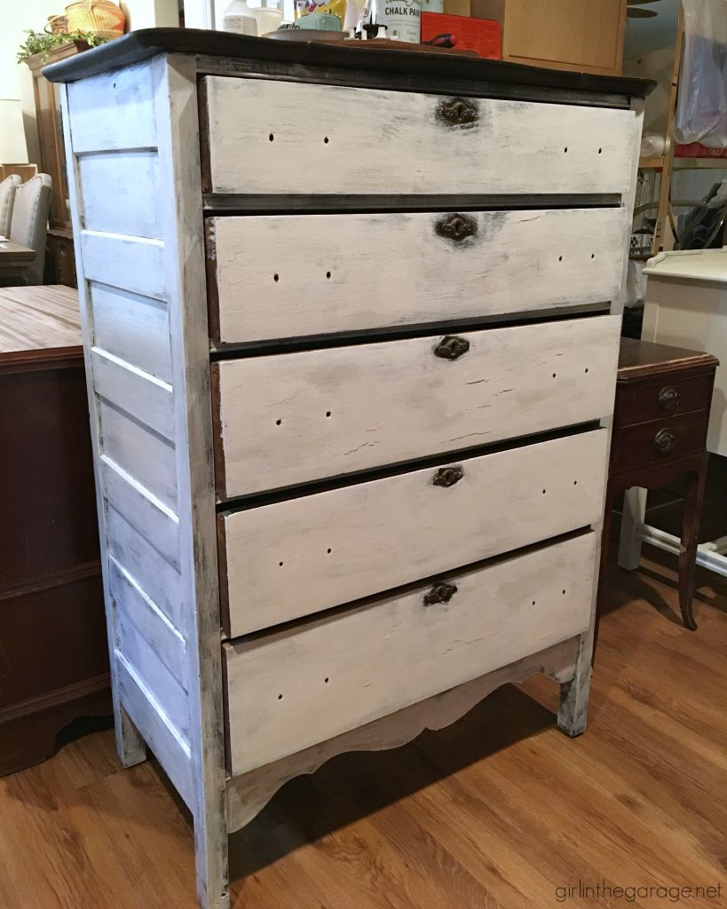 Antique dresser makeover - yard sale highboy with Chalk Paint, stencil, and decoupage drawers - a soft rustic bohemian look by Girl in the Garage