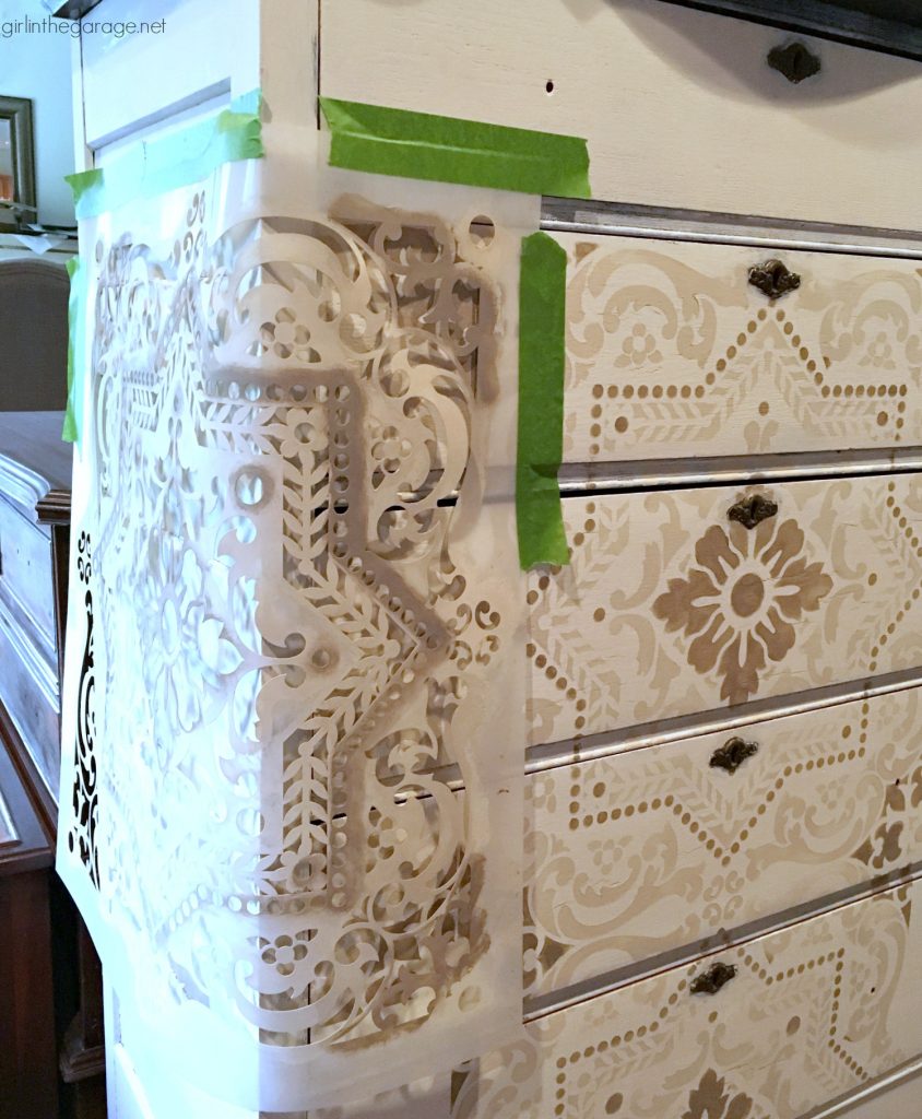 Antique dresser makeover - yard sale highboy with Chalk Paint, stencil, and decoupage drawers - a soft rustic bohemian look by Girl in the Garage